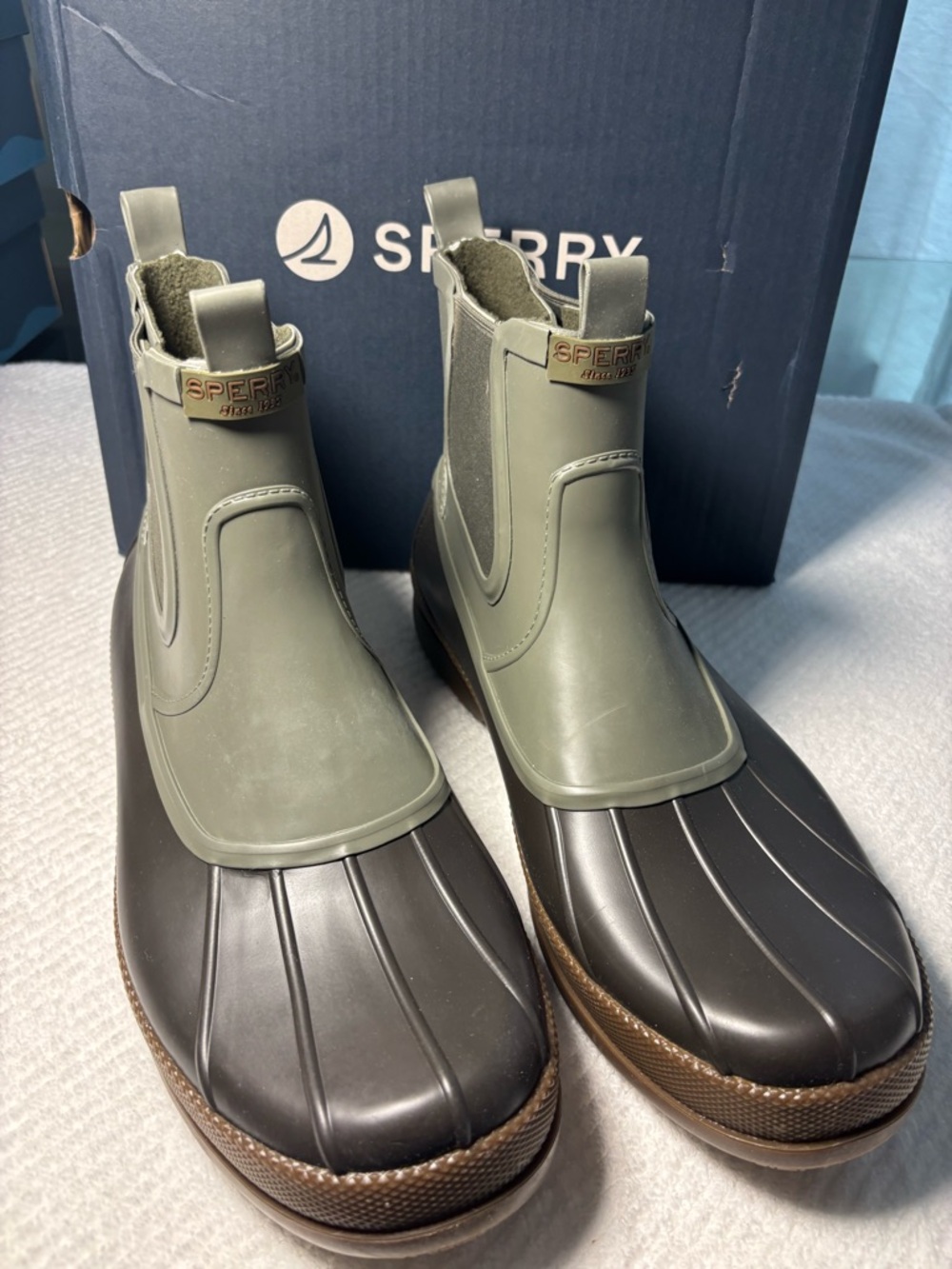 Sperry Olive Green and Brown Waterproof Chelsea Duck Boots